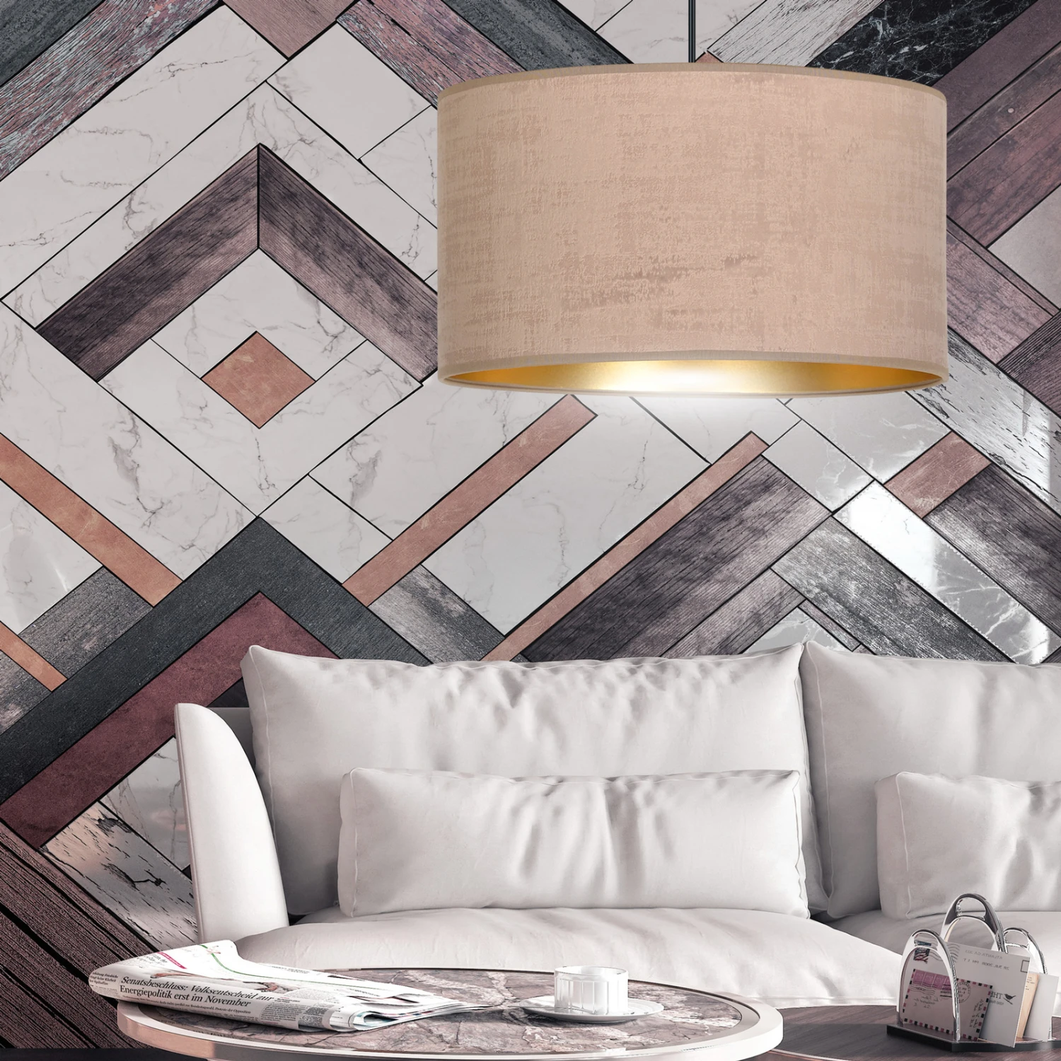 Suspension Jari Abat-jour Tissu 1 Lampe Rosé Doré 4 Suspension Jari Abat-jour Tissu 1 Lampe Rosé Doré – Image 2