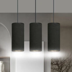 Suspension Joni Tissu Allongée 3 Lampes Noir Doré